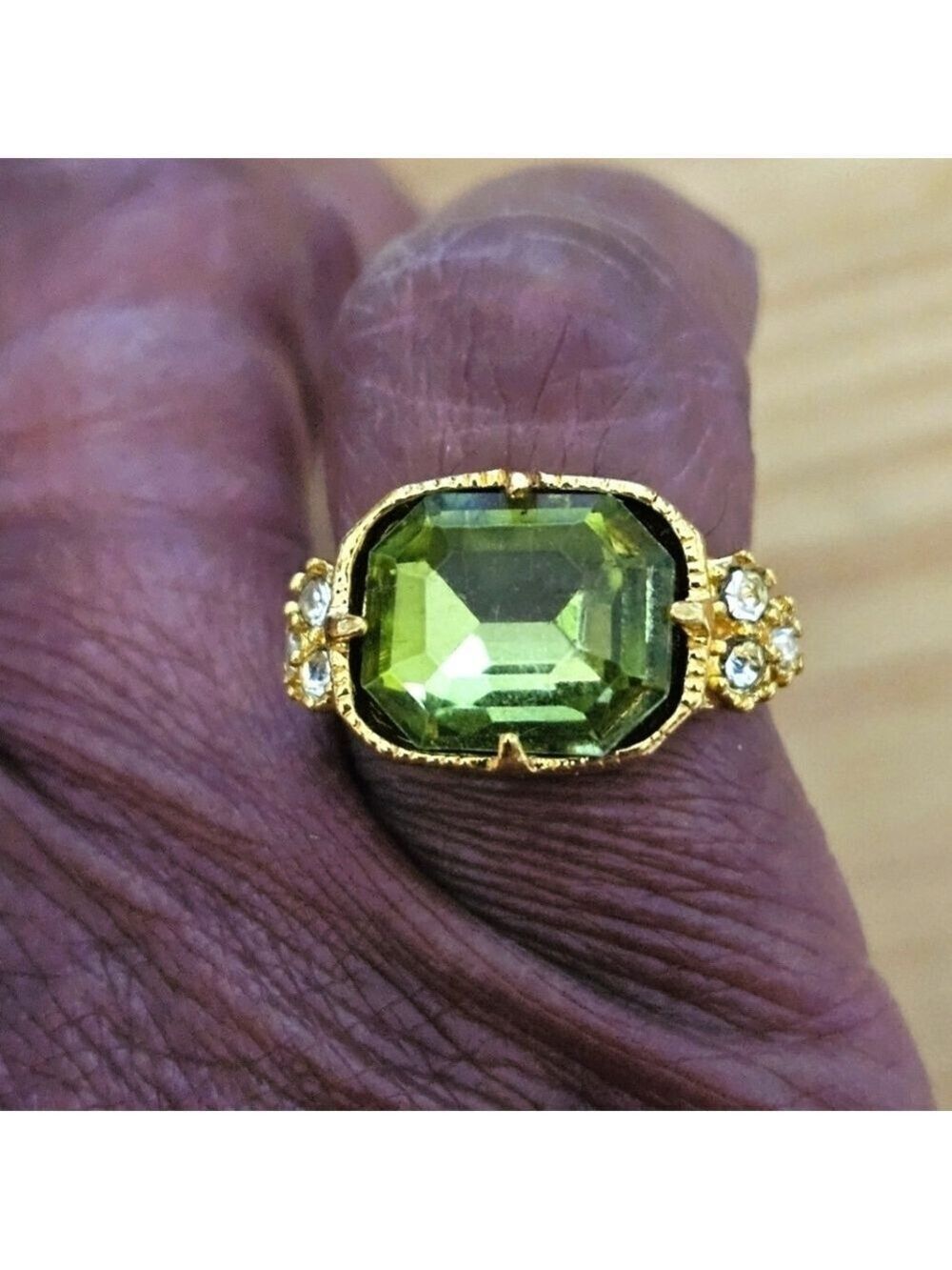 Vintage Green Zircon and Crystal Gold-plated Sterling Silver Ring, Size 6